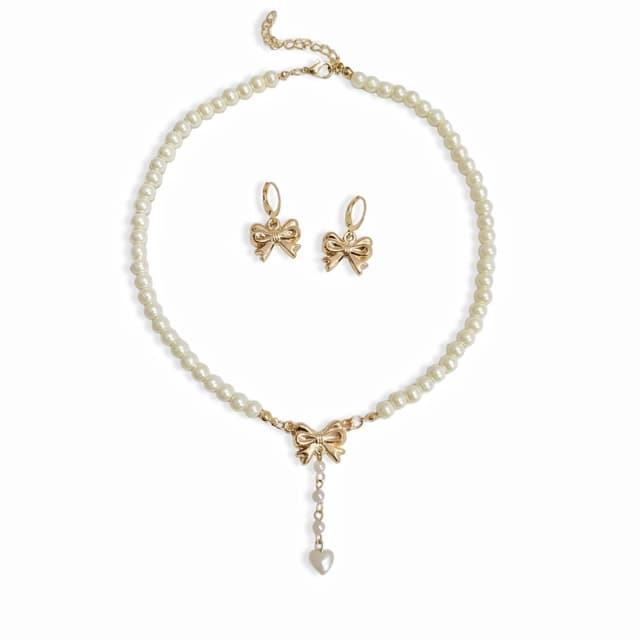 Mini bow drop heart necklace and earring set gold