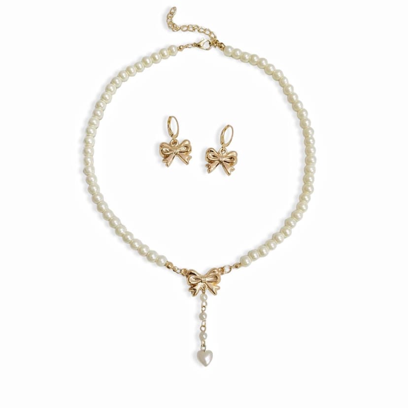 Mini bow drop heart necklace and earring set gold