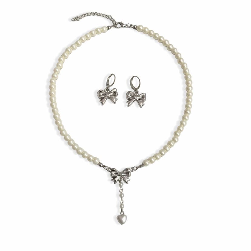 Mini bow drop heart necklace and earring silver