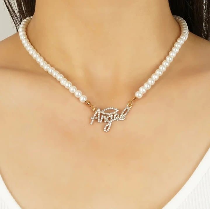 Gold Studded Angel Pearl Necklace - Korean Style