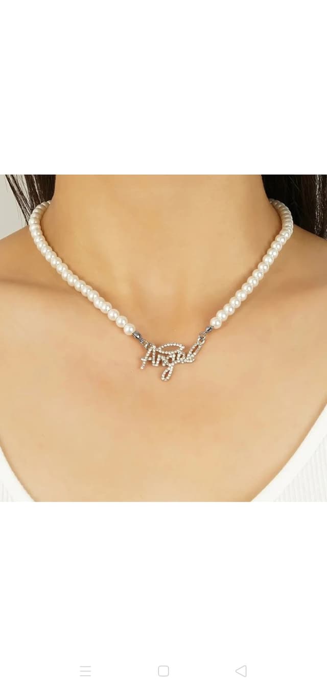 Silver Studded Angel Pearl Necklace - Korean Style