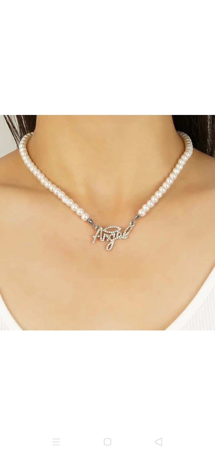 Silver Studded Angel Pearl Necklace - Korean Style